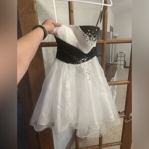 White and black strapless dress with beading